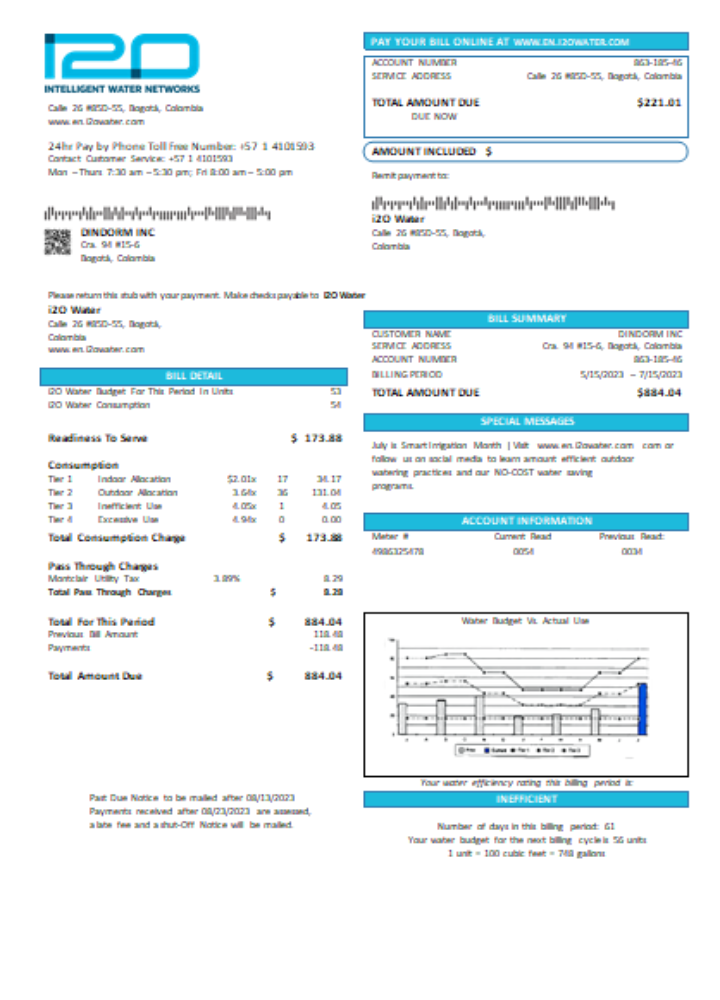 Download i2O Water (Colombia) utility business bill,  SCR Photoshop template